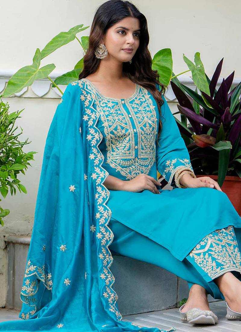 Floral embroidered silk round neck kurta trouser & dupatta set
