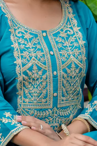 Floral embroidered silk blend round neck kurta trouser & dupatta set