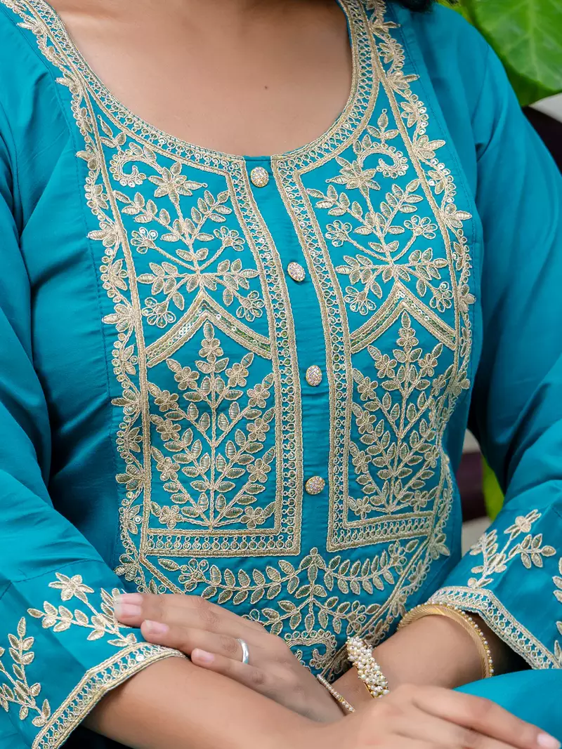 Floral embroidered silk round neck kurta trouser & dupatta set