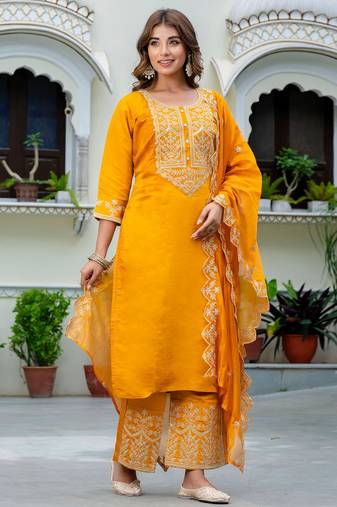 Floral embroidered silk round neck kurta trouser & dupatta set