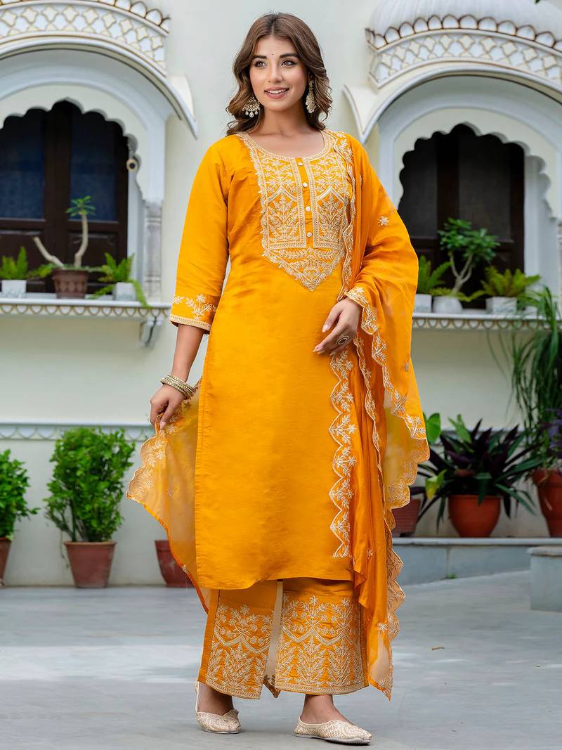 Floral embroidered silk round neck kurta trouser & dupatta set