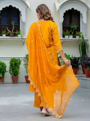 Floral embroidered silk blend round neck kurta trouser & dupatta set 2