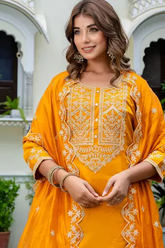 Floral embroidered silk blend round neck kurta trouser & dupatta set