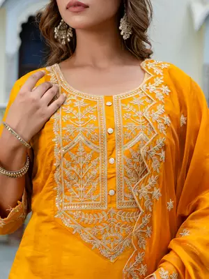Floral embroidered silk blend round neck kurta trouser & dupatta set 4