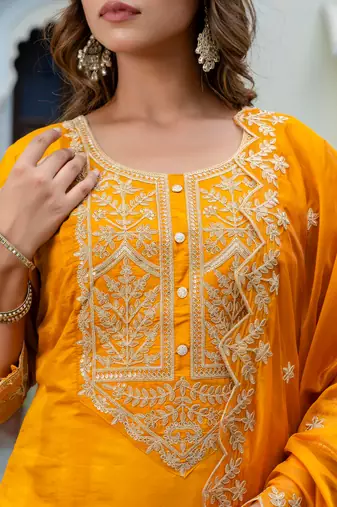Floral embroidered silk blend round neck kurta trouser & dupatta set
