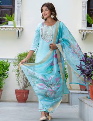 Floral embroidered silk blend round neck kurta trouser & dupatta set 1