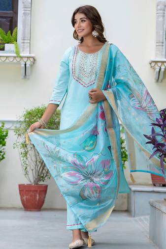 Floral embroidered silk blend round neck kurta trouser & dupatta set