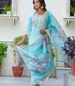 Floral embroidered silk blend round neck kurta trouser & dupatta set
