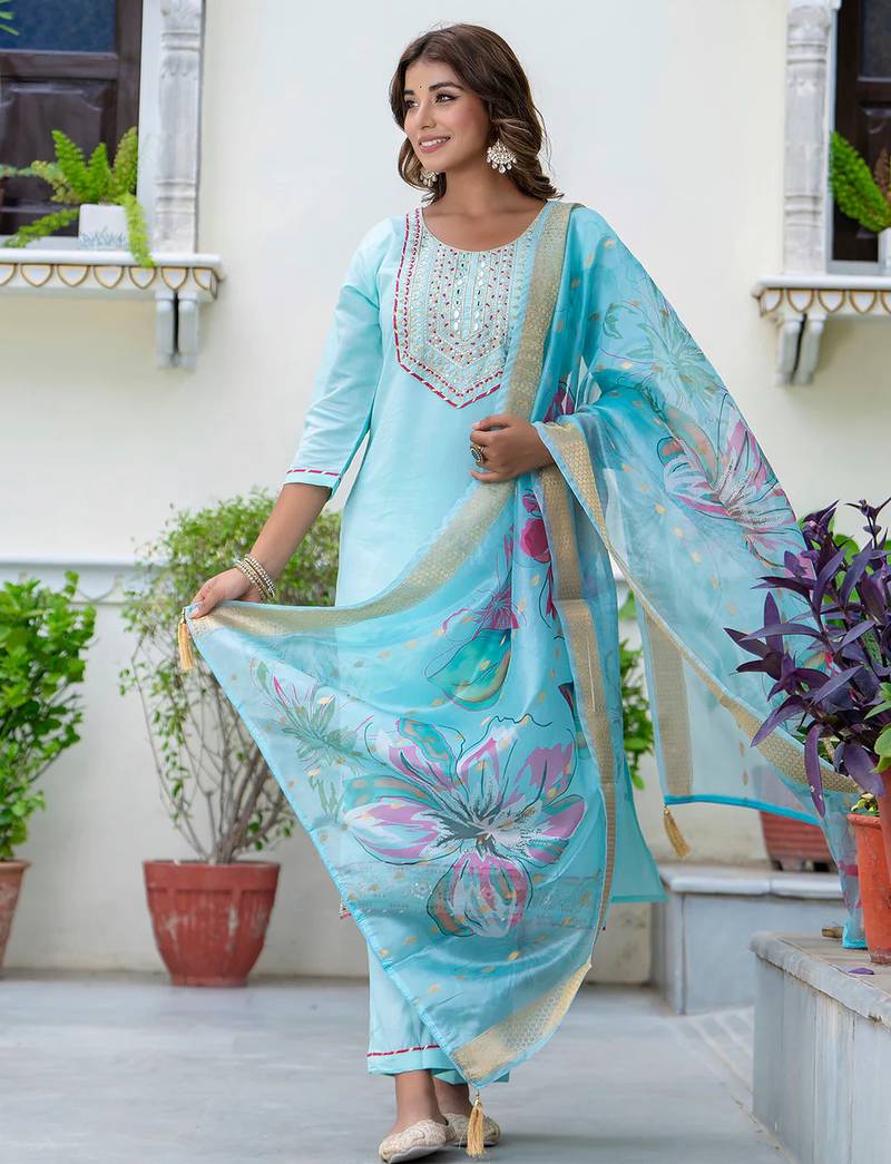 Floral embroidered silk round neck kurta trouser & dupatta set