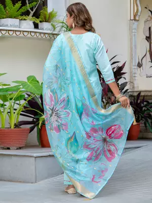 Floral embroidered silk blend round neck kurta trouser & dupatta set 2