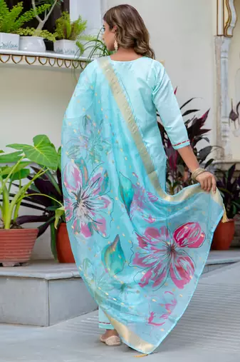 Floral embroidered silk blend round neck kurta trouser & dupatta set