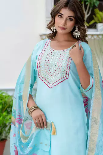 Floral embroidered silk blend round neck kurta trouser & dupatta set