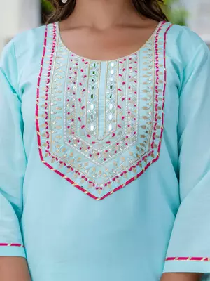 Floral embroidered silk blend round neck kurta trouser & dupatta set 4