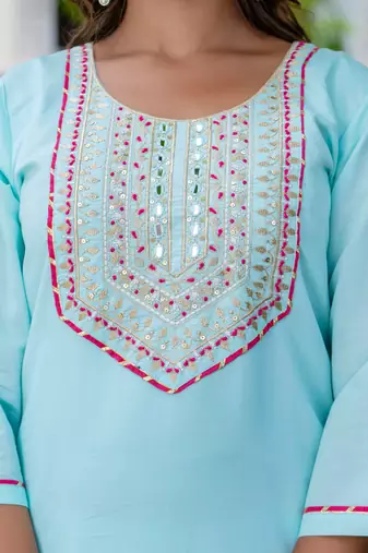 Floral embroidered silk blend round neck kurta trouser & dupatta set