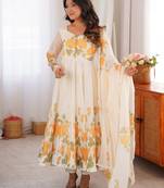 Women   s cream yellow floral printed full flare anarkali kurta set with dupatta