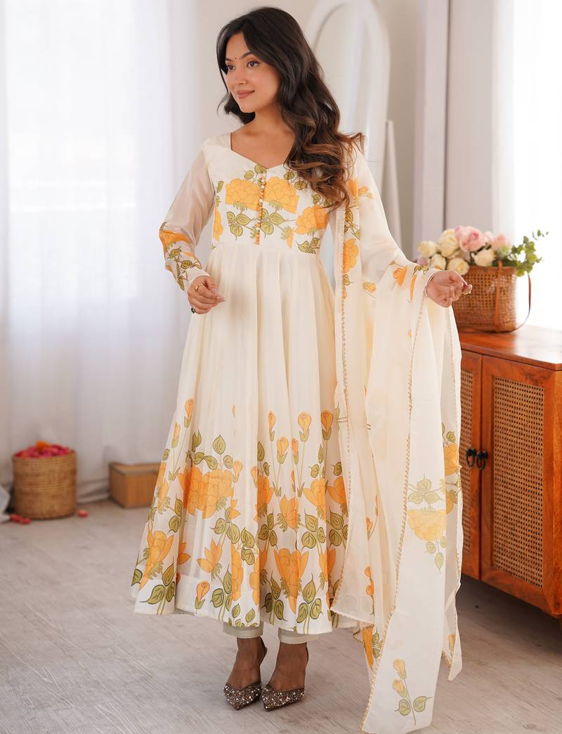 Women’s cream yellow floral printed full flare anarkali kurta set with dupatta