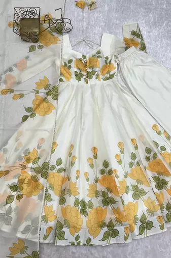 Women   s cream yellow floral printed full flare anarkali kurta set with dupatta