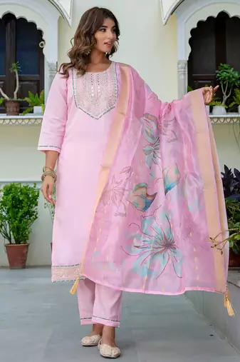 Floral embroidered silk round neck kurta trouser & dupatta set
