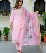 Floral embroidered silk blend round neck kurta trouser & dupatta set
