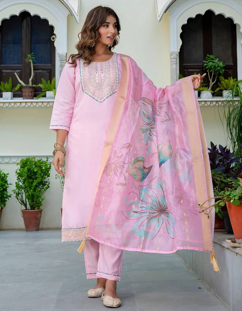 Floral embroidered silk round neck kurta trouser & dupatta set