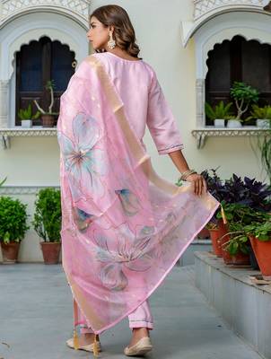 Floral embroidered silk blend round neck kurta trouser & dupatta set 2
