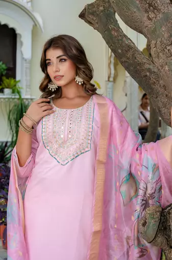 Floral embroidered silk blend round neck kurta trouser & dupatta set