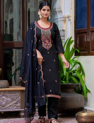 Floral embroidered silk blend round neck kurta trouser & dupatta set 1