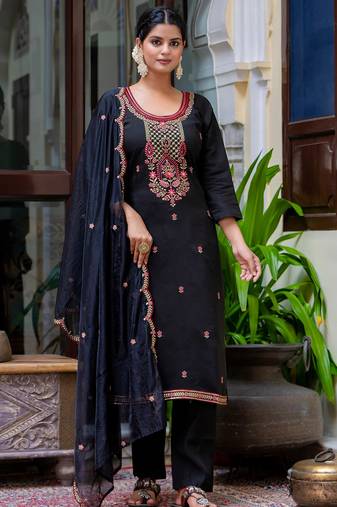 Floral embroidered silk blend round neck kurta trouser & dupatta set