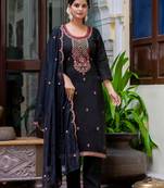 Floral embroidered silk blend round neck kurta trouser & dupatta set