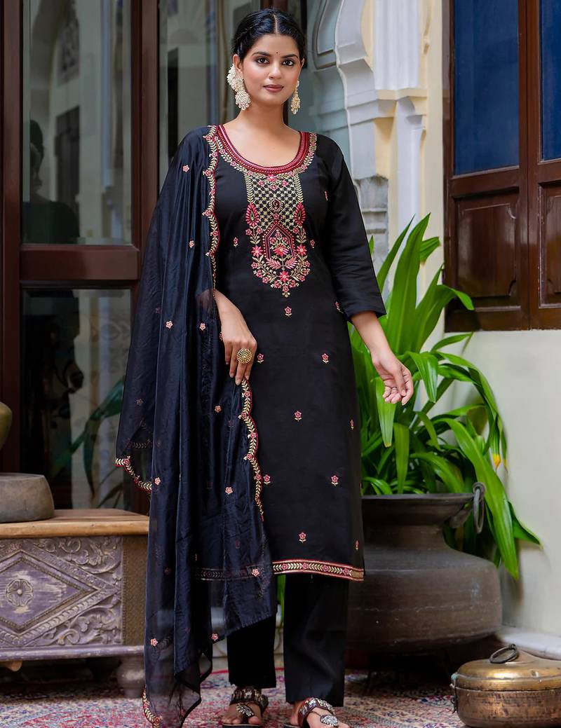 Floral embroidered silk round neck kurta trouser & dupatta set
