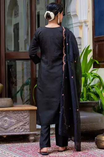 Floral embroidered silk blend round neck kurta trouser & dupatta set