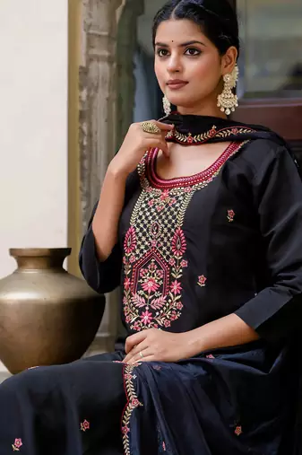 Floral embroidered silk blend round neck kurta trouser & dupatta set
