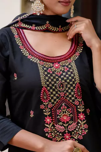 Floral embroidered silk blend round neck kurta trouser & dupatta set