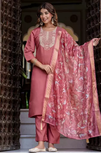 Floral embroidered silk round neck kurta trouser & dupatta set