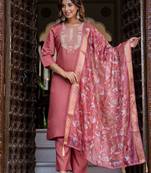 Floral embroidered silk blend round neck kurta trouser & dupatta set