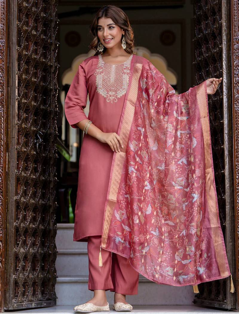 Floral embroidered silk round neck kurta trouser & dupatta set