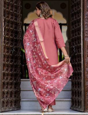Floral embroidered silk blend round neck kurta trouser & dupatta set 2