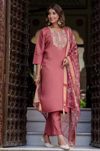 Floral embroidered silk blend round neck kurta trouser & dupatta set