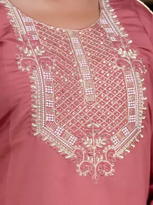 Floral embroidered silk blend round neck kurta trouser & dupatta set 4