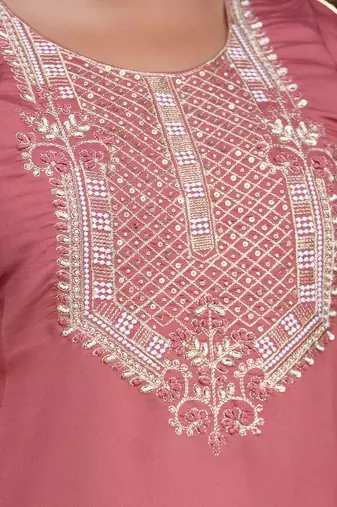 Floral embroidered silk blend round neck kurta trouser & dupatta set