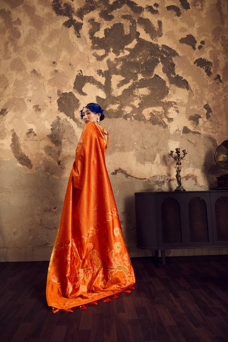ORANGE weaving silk blend saree 