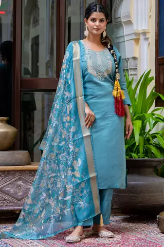 Floral embroidered silk round neck kurta trouser & dupatta set