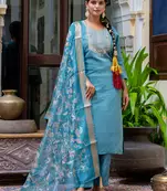 Floral embroidered silk round neck kurta trouser & dupatta set