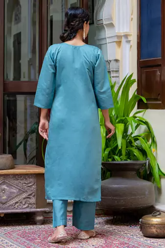 Floral embroidered silk blend round neck kurta trouser & dupatta set