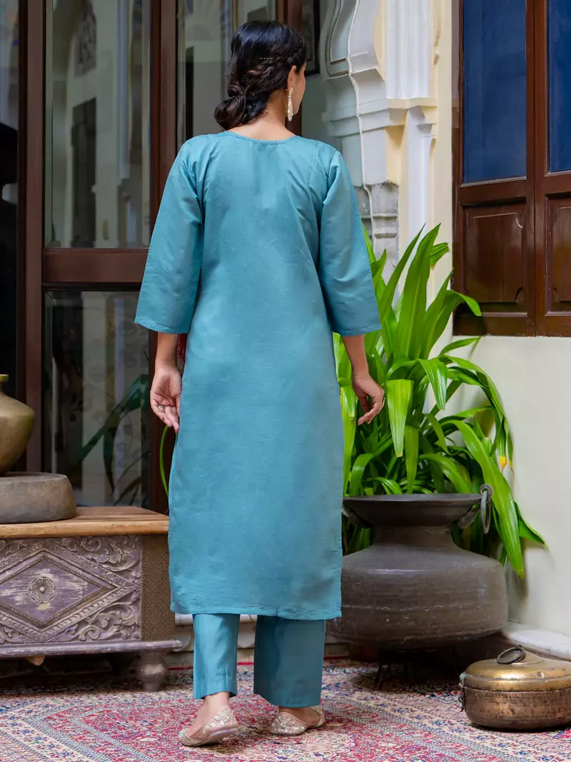 Floral embroidered silk round neck kurta trouser & dupatta set