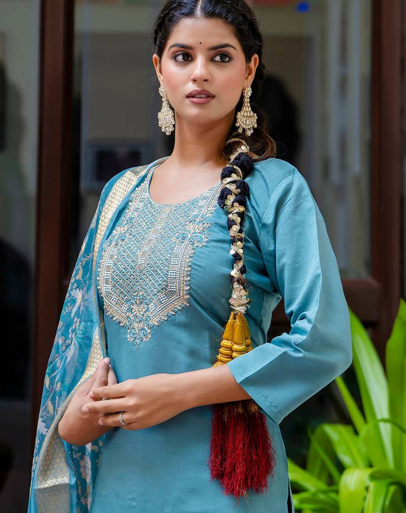 Floral embroidered silk round neck kurta trouser & dupatta set