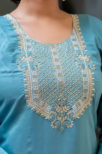 Floral embroidered silk blend round neck kurta trouser & dupatta set