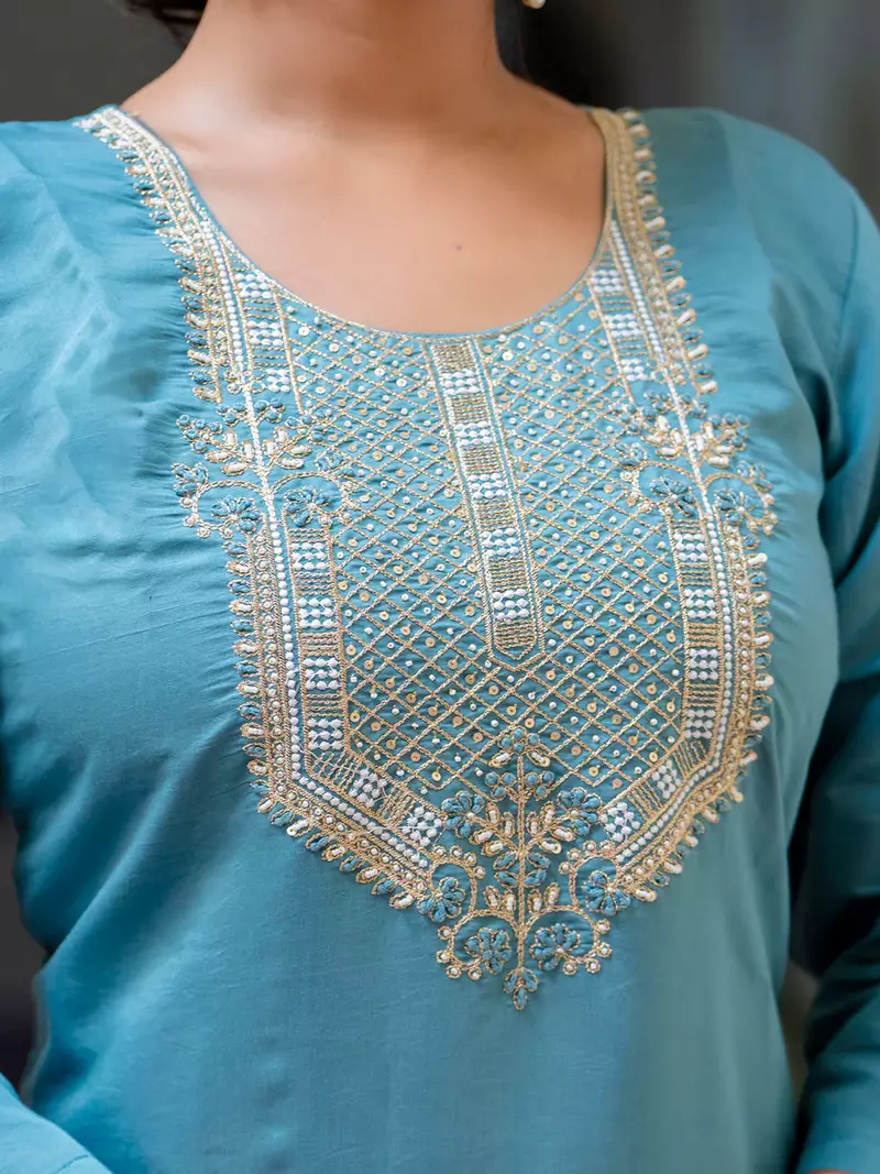 Floral embroidered silk round neck kurta trouser & dupatta set