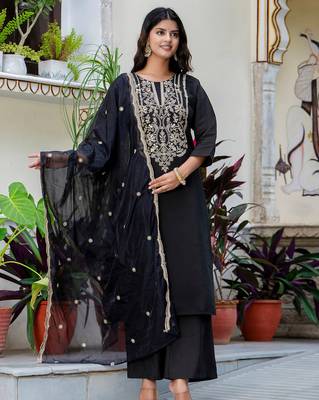 Floral embroidered silk blend round neck kurta trouser & dupatta set 1