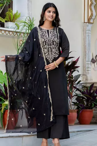Floral embroidered silk round neck kurta trouser & dupatta set